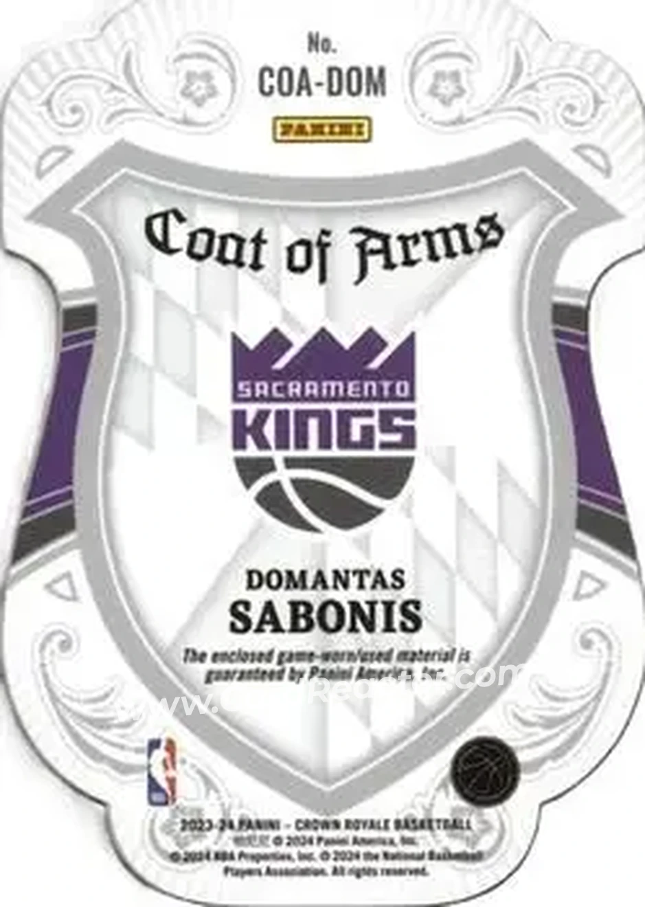 2023-24 Panini Crown Royale - Coat of Arms #COA-DOM - Domantas Sabonis - Sacramento Kings - Back 2023-24 Panini Crown Royale - Coat of Arms #COA-DOM - Domantas Sabonis - Sacramento Kings - Back