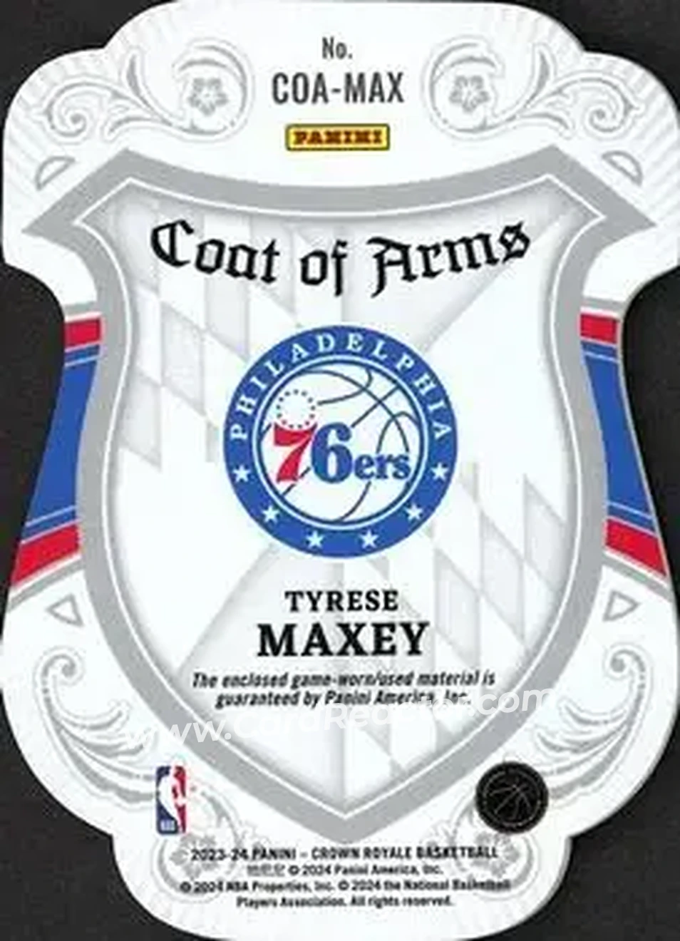 2023-24 Panini Crown Royale - Coat of Arms #COA-MAX - Tyrese Maxey - Philadelphia 76ers - Back 2023-24 Panini Crown Royale - Coat of Arms #COA-MAX - Tyrese Maxey - Philadelphia 76ers - Back