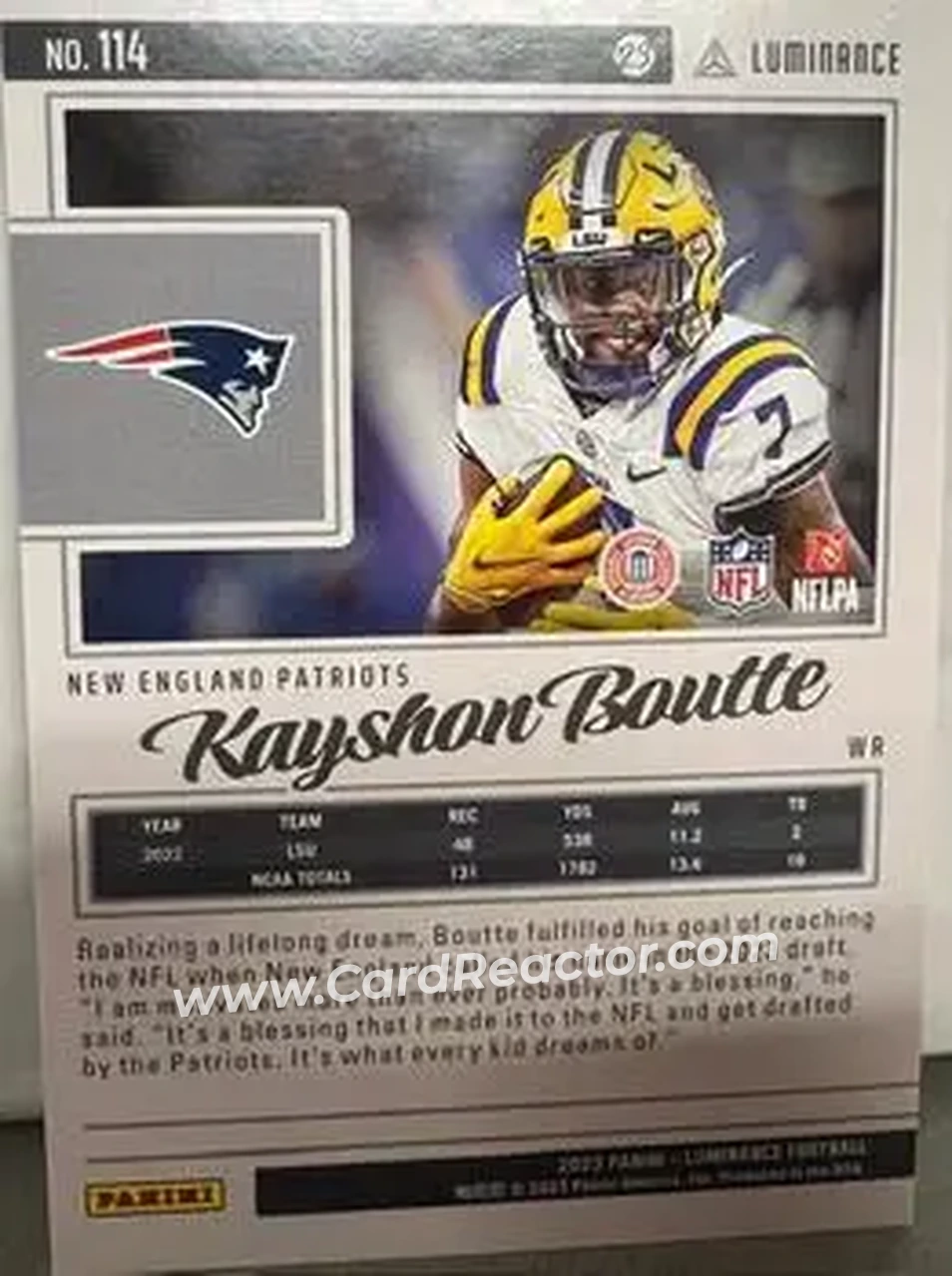 2023 Panini Luminance - Teal #114 - Kayshon Boutte - New England Patriots - Back 2023 Panini Luminance - Teal #114 - Kayshon Boutte - New England Patriots - Back