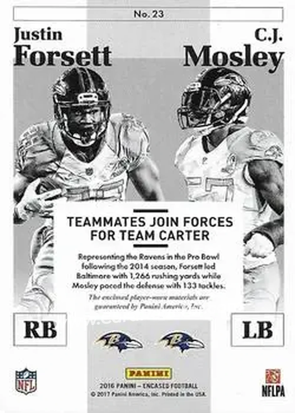 2016 Panini Encased - Pro Bowl Dual Materials Sapphire #23 - C.J. Mosley - Justin Forsett MEM, SN25 - Baltimore Ravens - Baltimore Ravens - Back 2016 Panini Encased - Pro Bowl Dual Materials Sapphire #23 - C.J. Mosley - Justin Forsett MEM, SN25 - Baltimore Ravens - Baltimore Ravens - Back