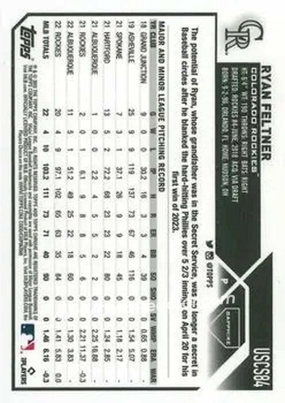 2023 Topps Chrome Update Sapphire Edition - Red #USCS84 - Ryan Feltner - Colorado Rockies - Back