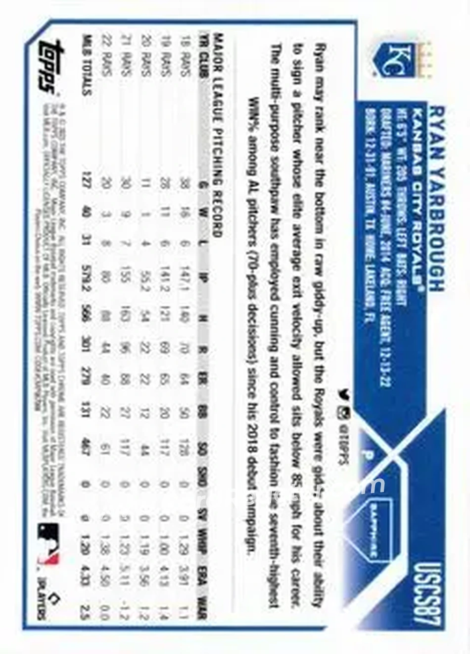 2023 Topps Chrome Update Sapphire Edition - Red #USCS87 - Ryan Yarbrough - Kansas City Royals - Back