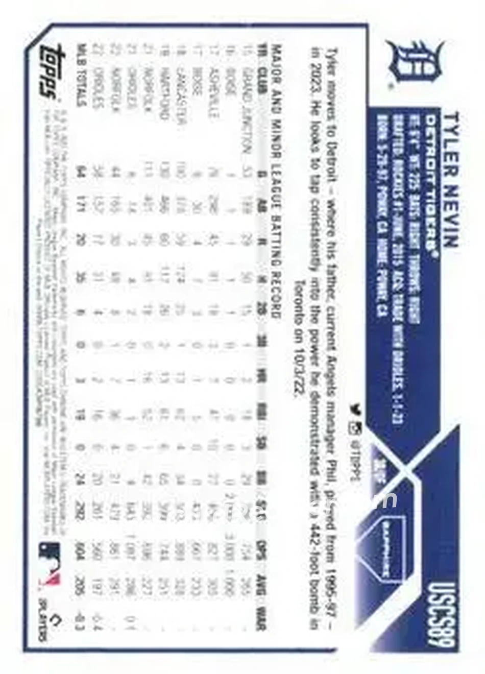 2023 Topps Chrome Update Sapphire Edition - Red #USCS89 - Tyler Nevin - Detroit Tigers - Back 2023 Topps Chrome Update Sapphire Edition - Red #USCS89 - Tyler Nevin - Detroit Tigers - Back