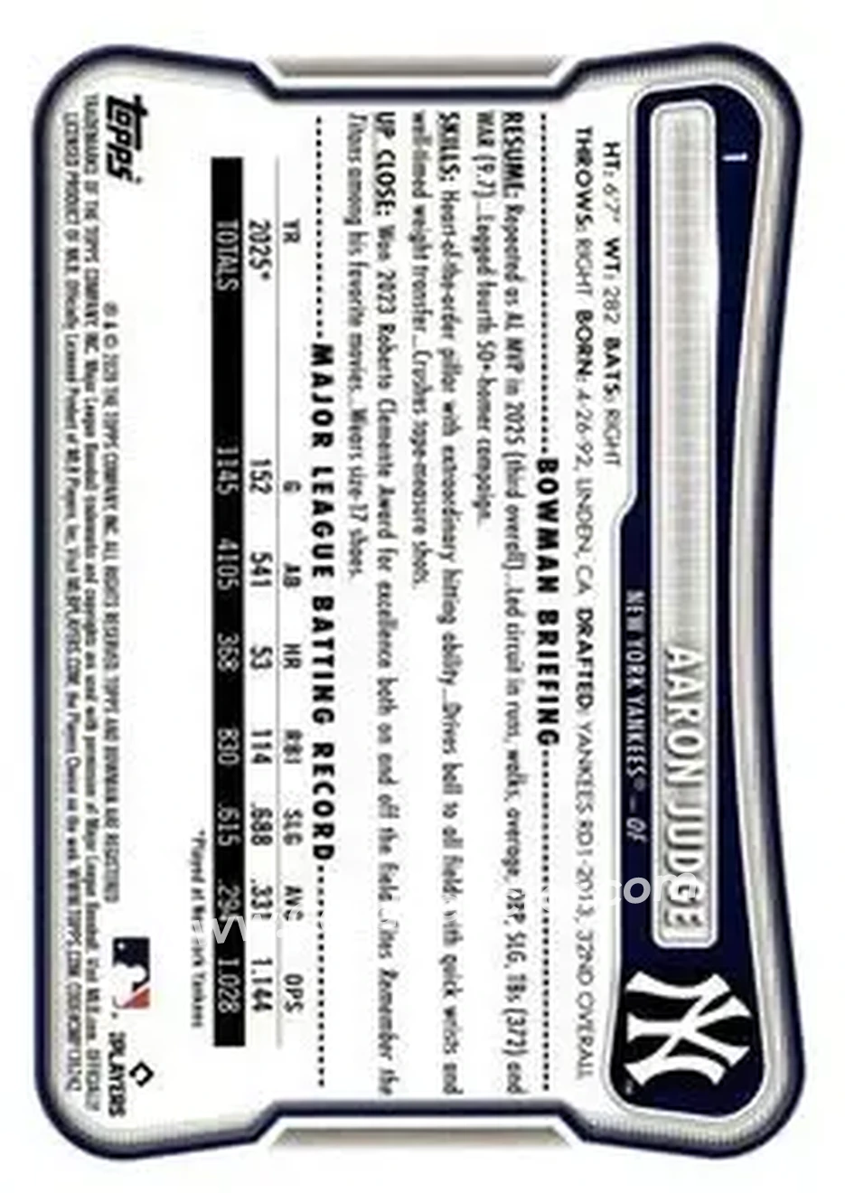 2026 Bowman - Yellow Pattern #1 - Aaron Judge - New York Yankees - Back