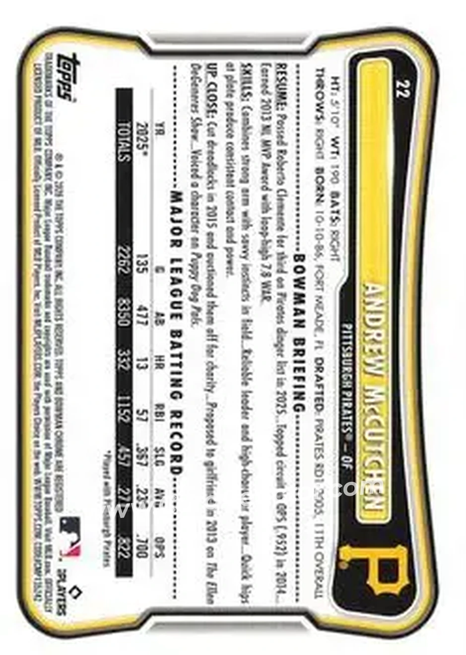 2026 Bowman - Yellow Pattern #22 - Andrew McCutchen - Pittsburgh Pirates - Back