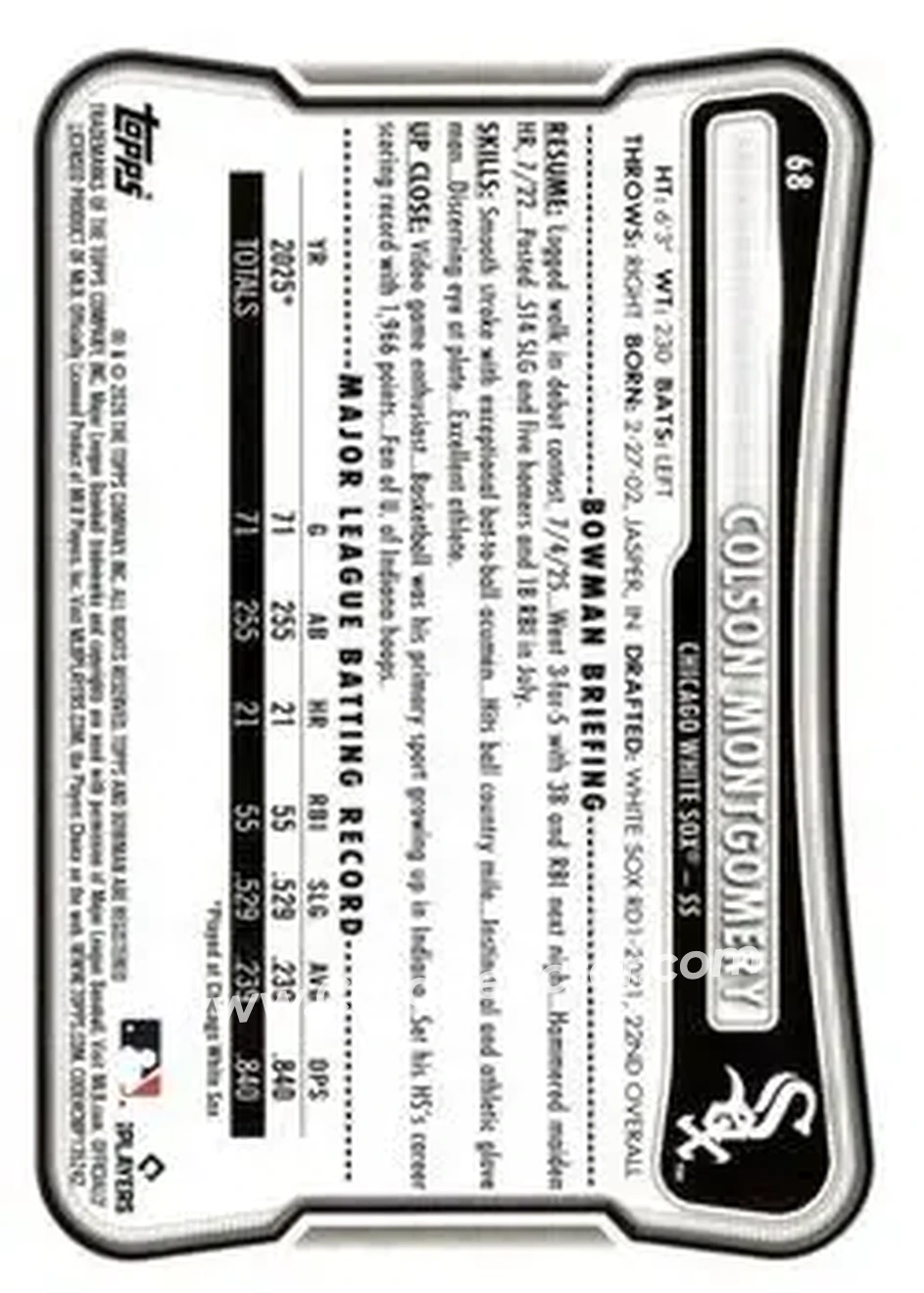 2026 Bowman - Yellow Pattern #68 - Colson Montgomery - Chicago White Sox - Back
