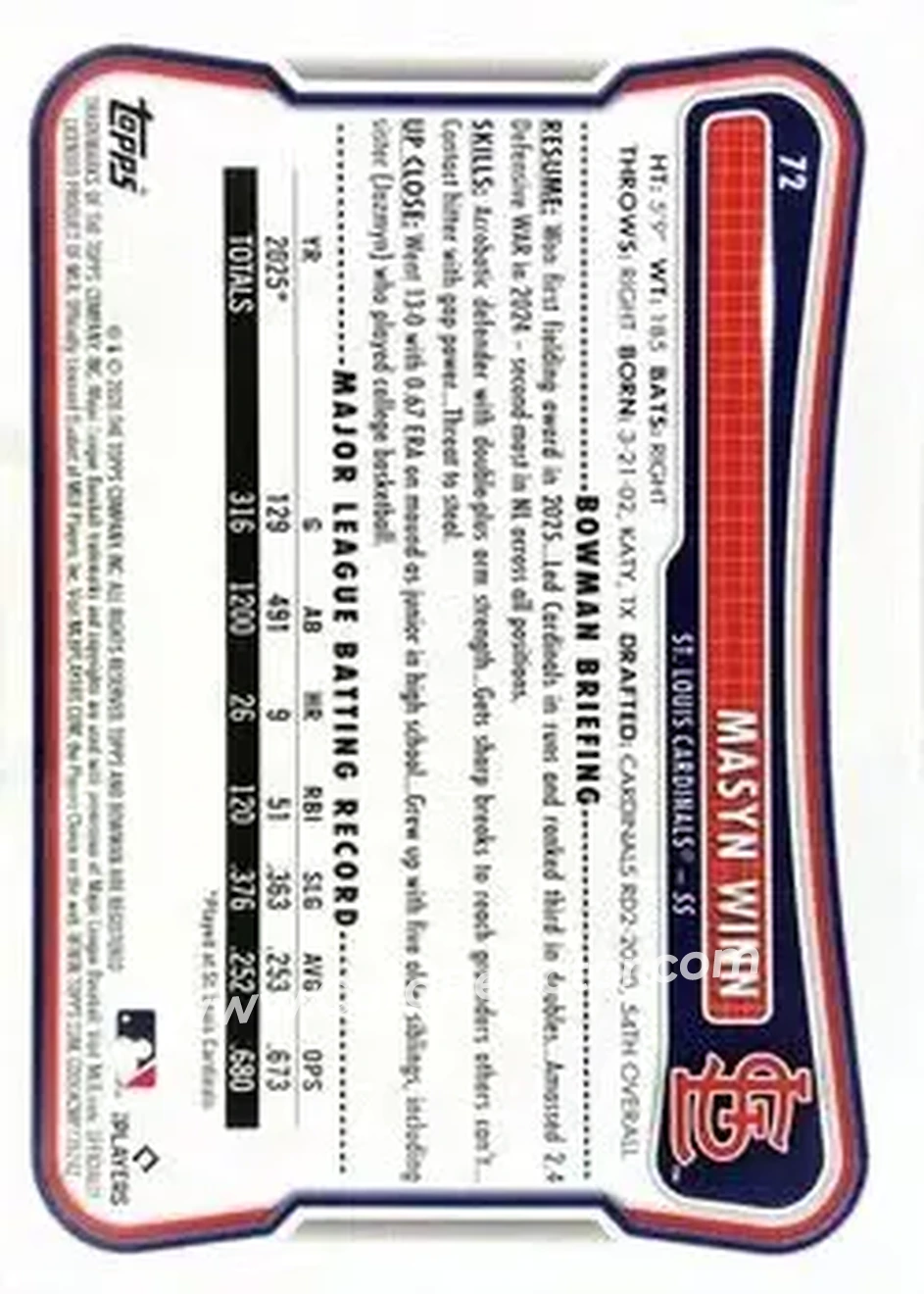 2026 Bowman - Yellow Pattern #72 - Masyn Winn - St. Louis Cardinals - Back