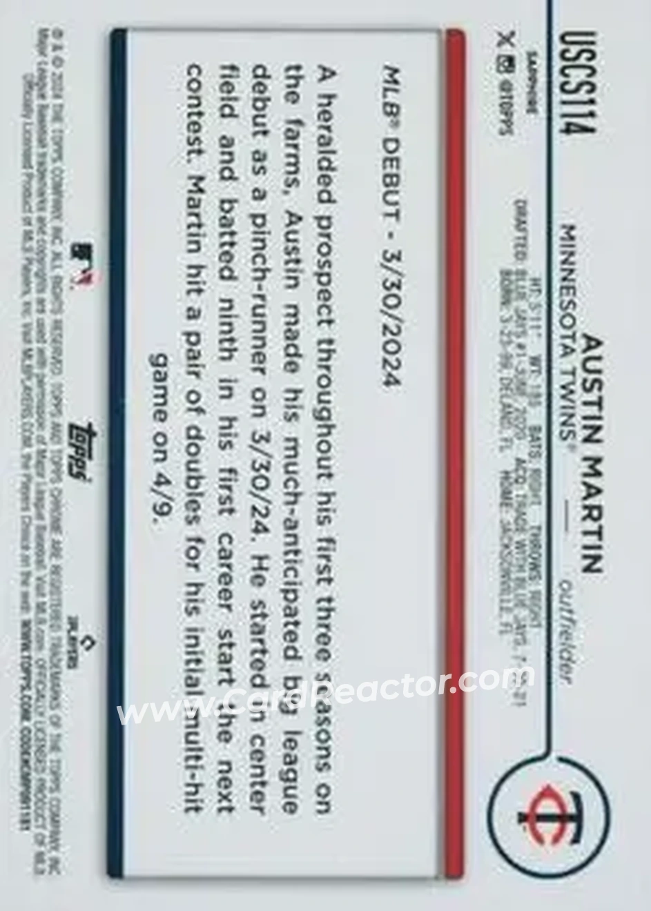2024 Topps Chrome Update Sapphire Edition - Orange Sapphire #USCS114 - Austin Martin - Minnesota Twins - Back