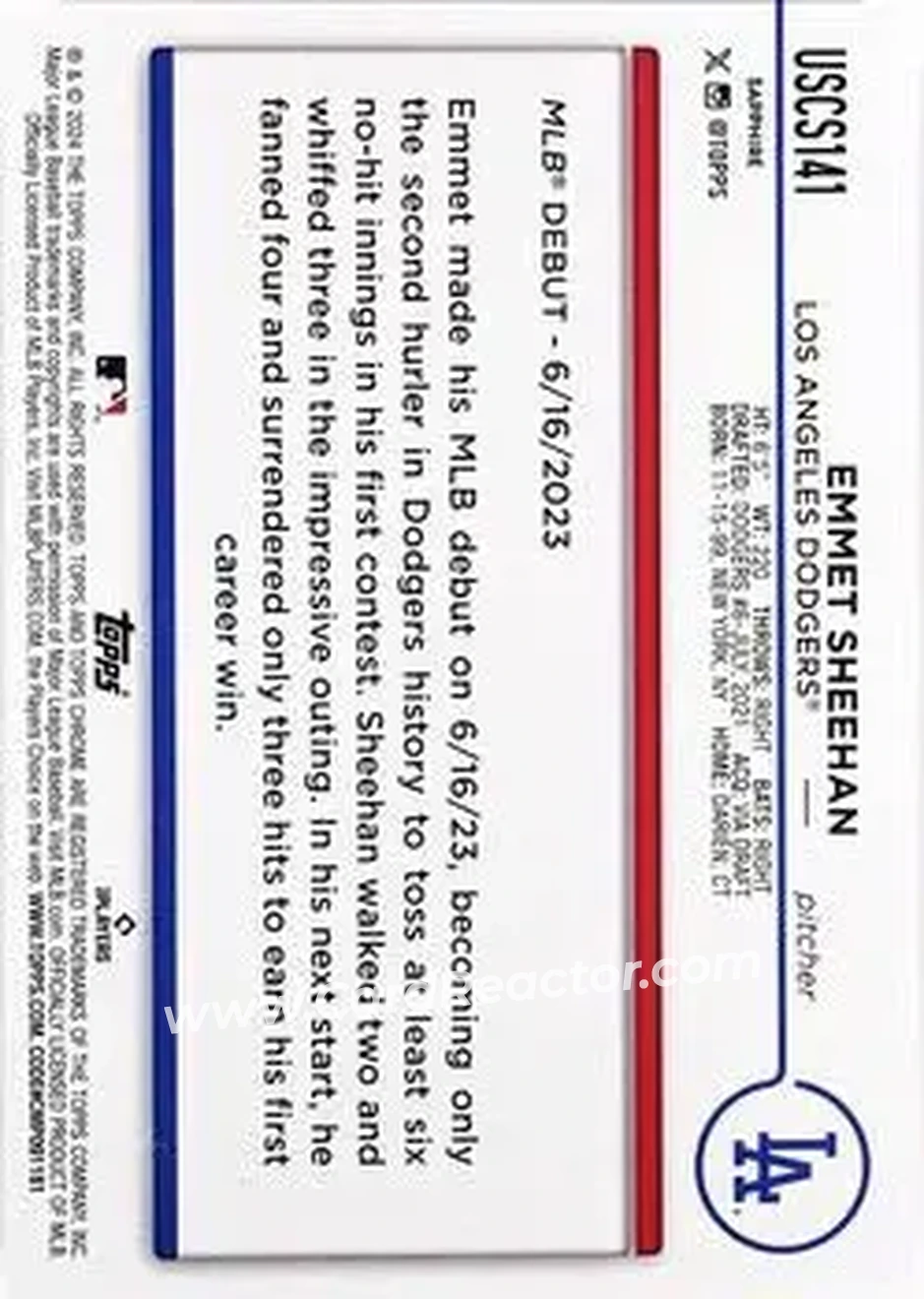 2024 Topps Chrome Update Sapphire Edition - Orange Sapphire #USCS141 - Emmet Sheehan - Los Angeles Dodgers - Back 2024 Topps Chrome Update Sapphire Edition - Orange Sapphire #USCS141 - Emmet Sheehan - Los Angeles Dodgers - Back