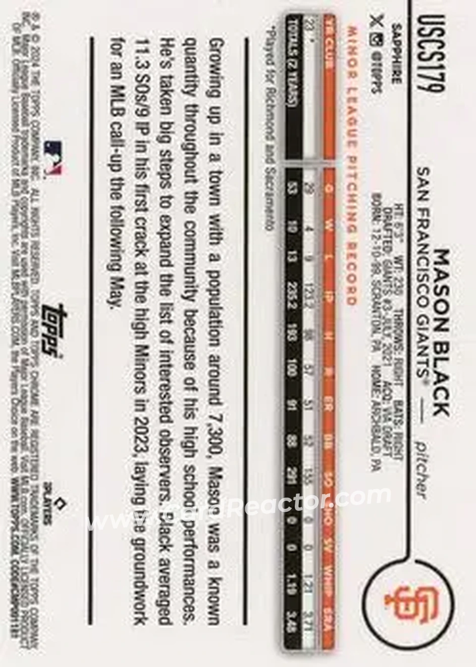 2024 Topps Chrome Update Sapphire Edition - Orange Sapphire #USCS179 - Mason Black - San Francisco Giants - Back 2024 Topps Chrome Update Sapphire Edition - Orange Sapphire #USCS179 - Mason Black - San Francisco Giants - Back