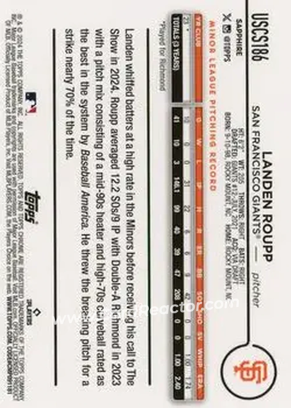 2024 Topps Chrome Update Sapphire Edition - Orange Sapphire #USCS186 - Landen Roupp - San Francisco Giants - Back