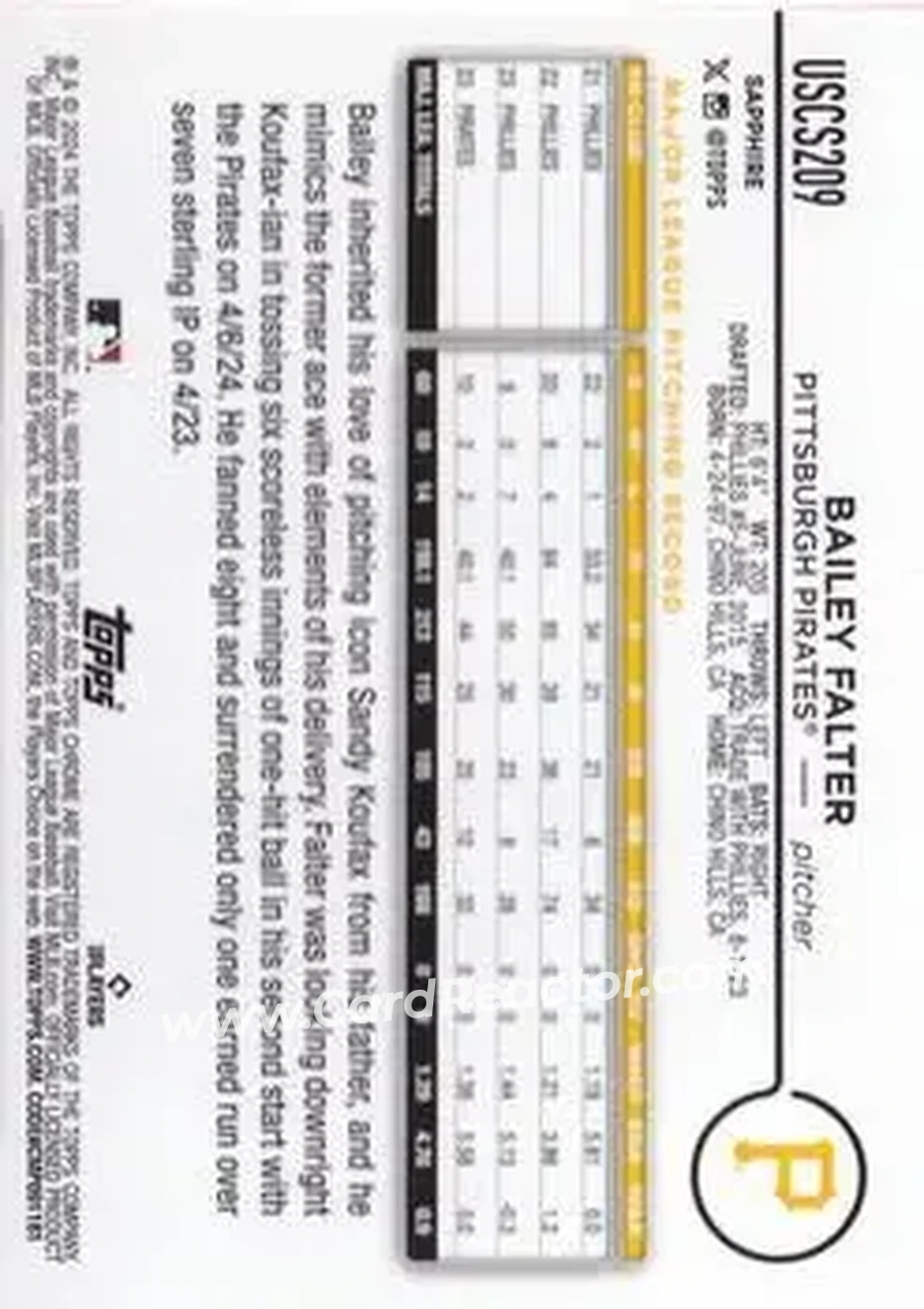 2024 Topps Chrome Update Sapphire Edition - Orange Sapphire #USCS209 - Bailey Falter - Pittsburgh Pirates - Back 2024 Topps Chrome Update Sapphire Edition - Orange Sapphire #USCS209 - Bailey Falter - Pittsburgh Pirates - Back