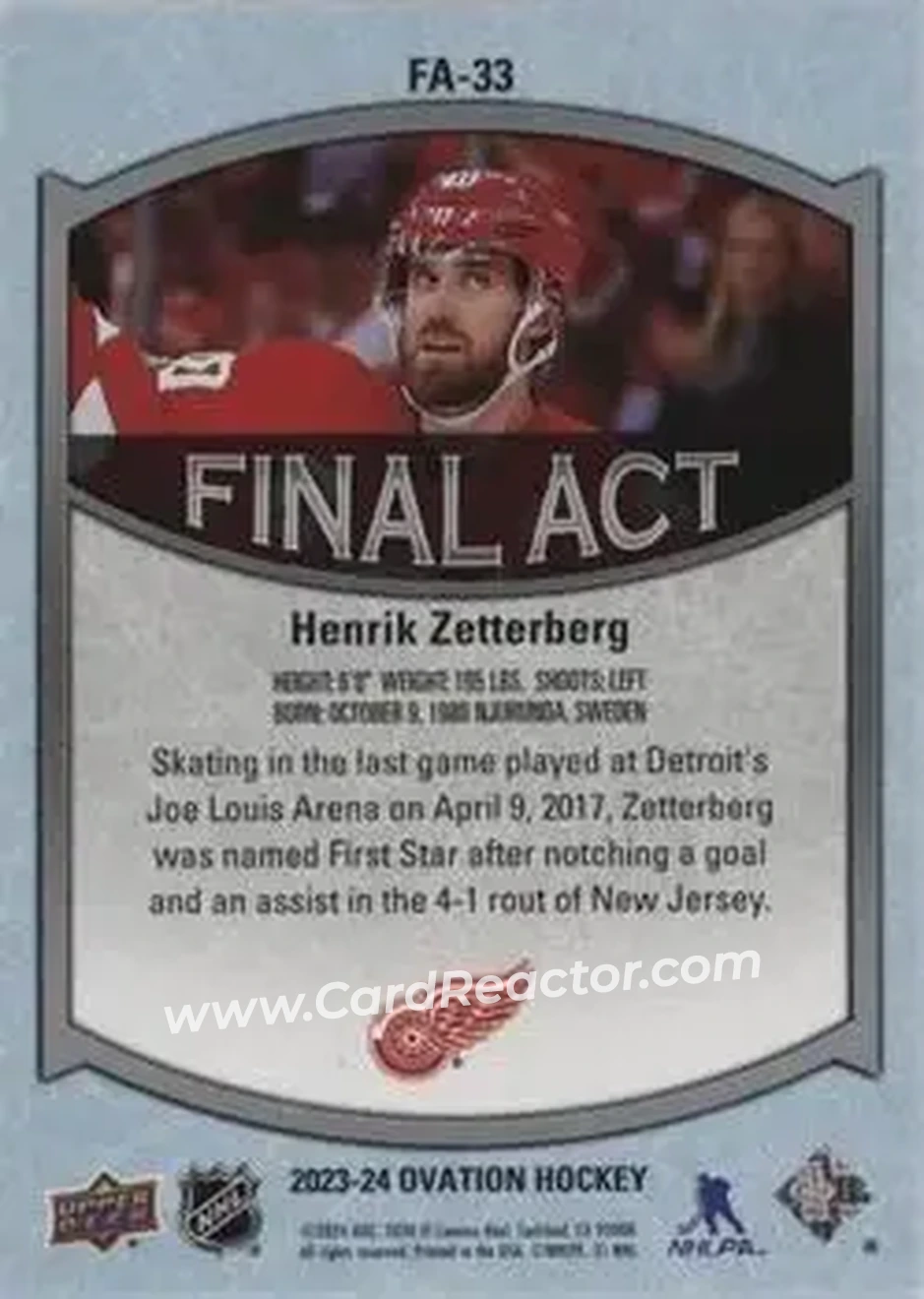 2023-24 Upper Deck Ovation - Final Act #FA-33 - Henrik Zetterberg - Detroit Red Wings - Back 2023-24 Upper Deck Ovation - Final Act #FA-33 - Henrik Zetterberg - Detroit Red Wings - Back
