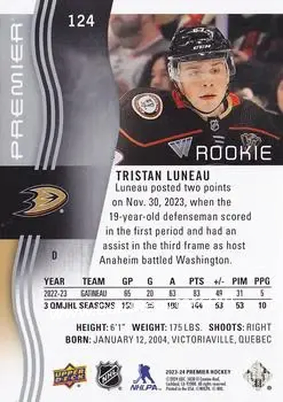 2023-24 Upper Deck Premier #124 - Tristan Luneau - Anaheim Ducks - Back 2023-24 Upper Deck Premier #124 - Tristan Luneau - Anaheim Ducks - Back