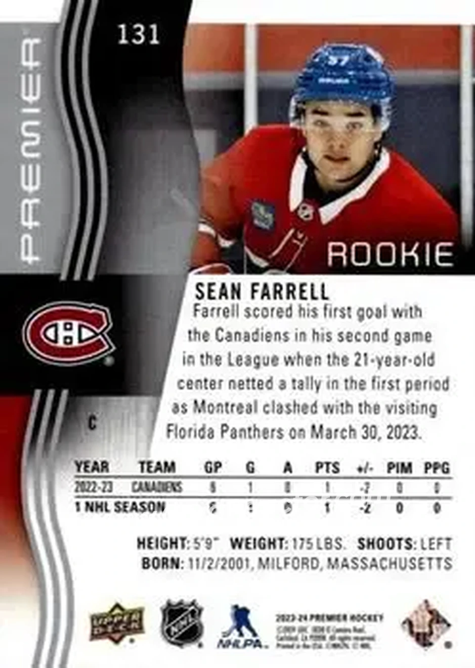 2023-24 Upper Deck Premier #131 - Sean Farrell - Montreal Canadiens - Back