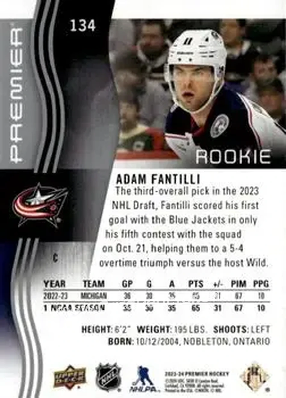 2023-24 Upper Deck Premier #134 - Adam Fantilli - Columbus Blue Jackets - Back