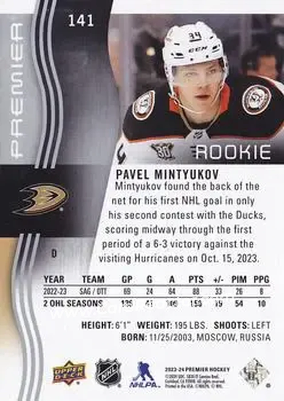 2023-24 Upper Deck Premier #141 - Pavel Mintyukov - Anaheim Ducks - Back