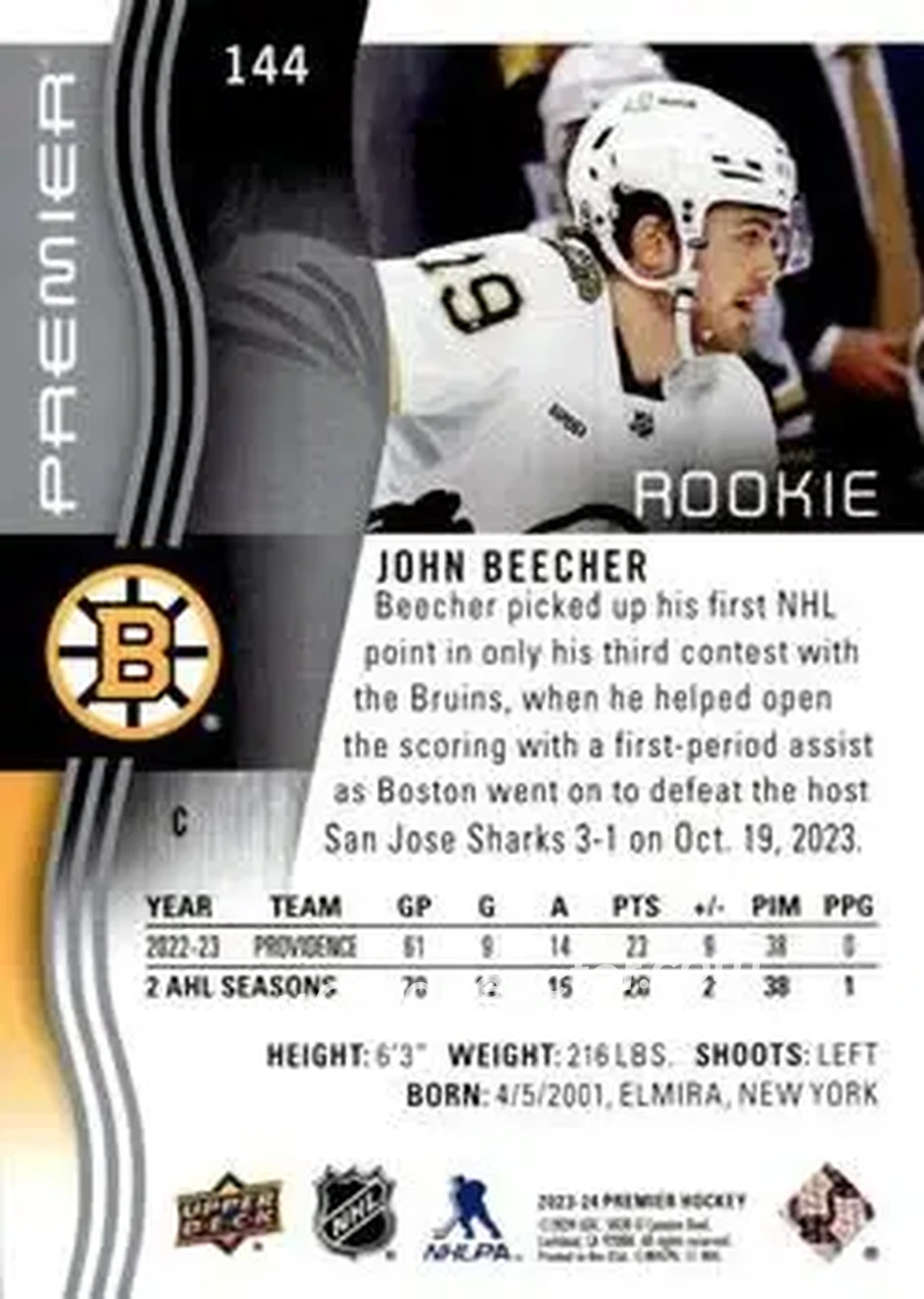 2023-24 Upper Deck Premier #144 - John Beecher - Boston Bruins - Back