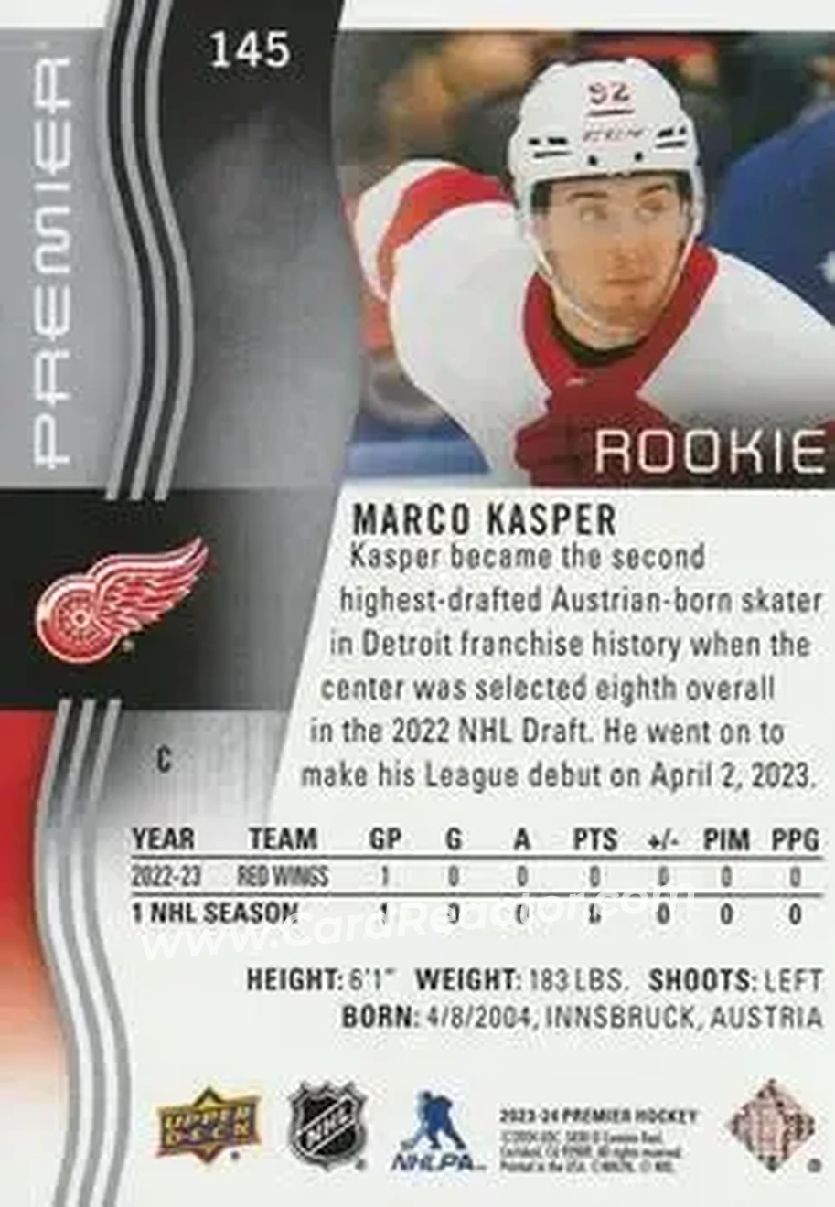 2023-24 Upper Deck Premier #145 - Marco Kasper - Detroit Red Wings - Back