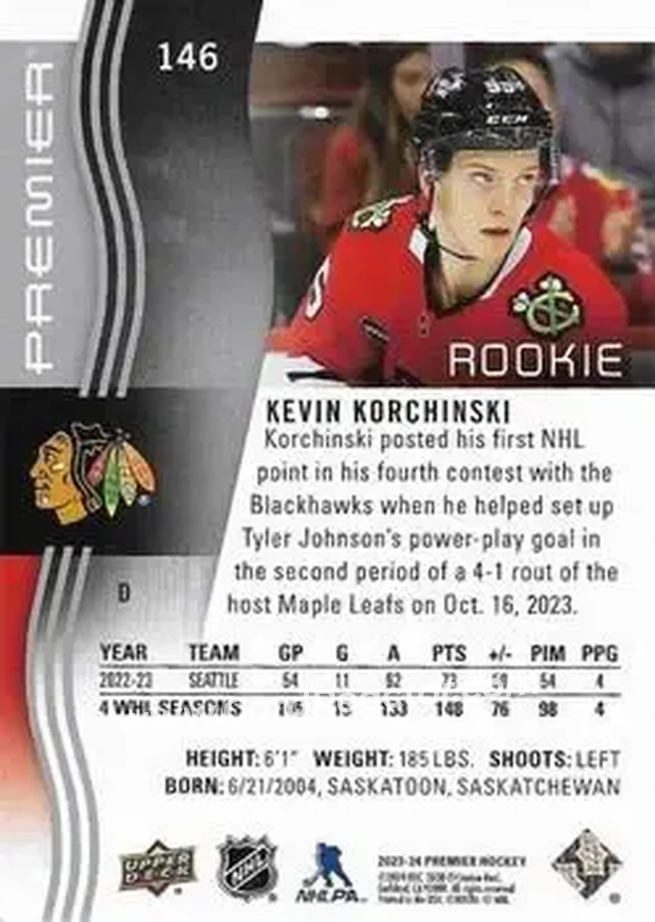 2023-24 Upper Deck Premier #146 - Kevin Korchinski - Chicago Blackhawks - Back