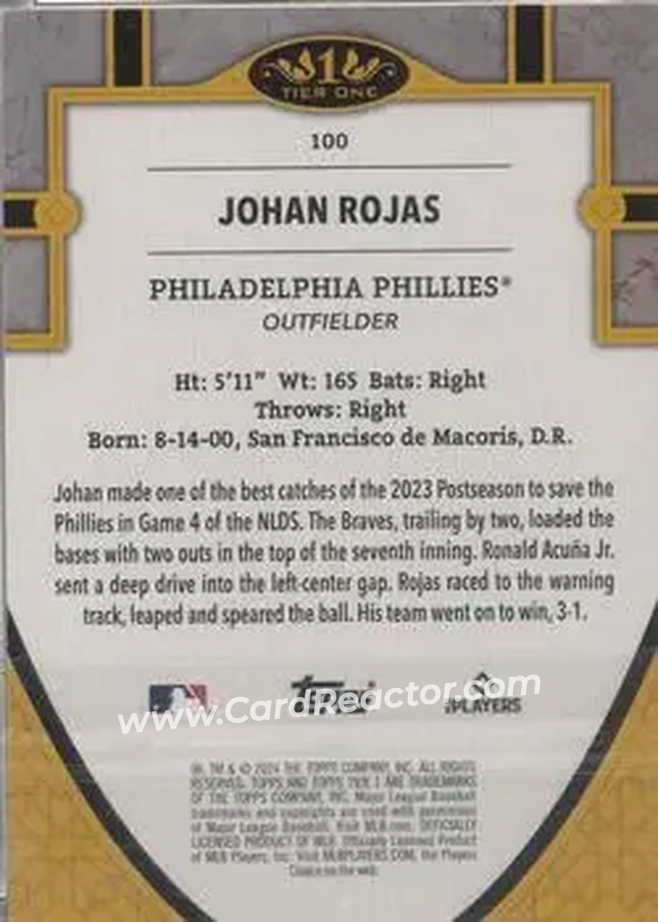 2024 Topps Tier One - Holo Silver Foil #100 - Johan Rojas - Philadelphia Phillies - Back