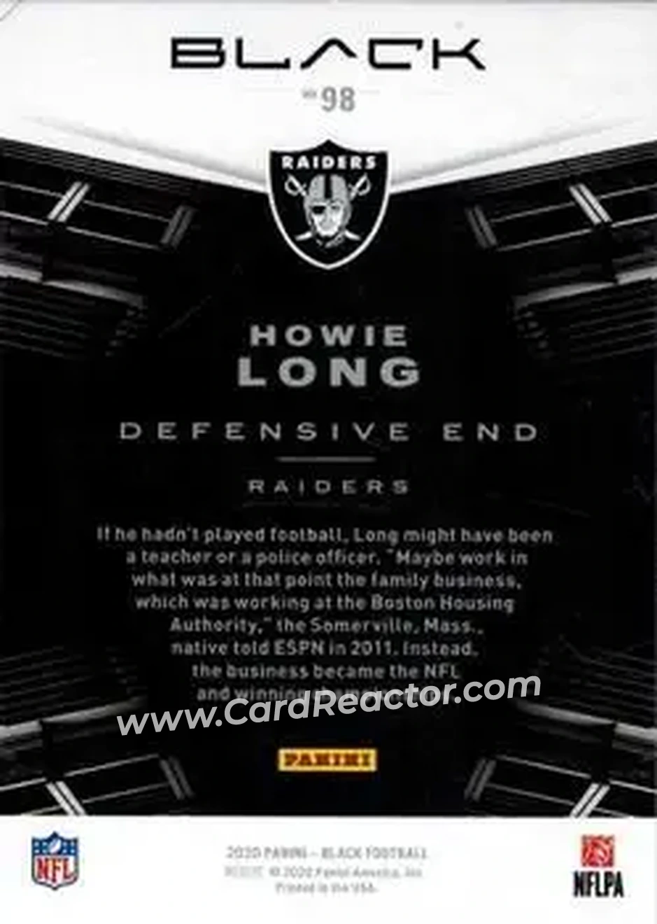 2020 Panini Black - Silver #98 - Howie Long - Los Angeles Raiders - Back