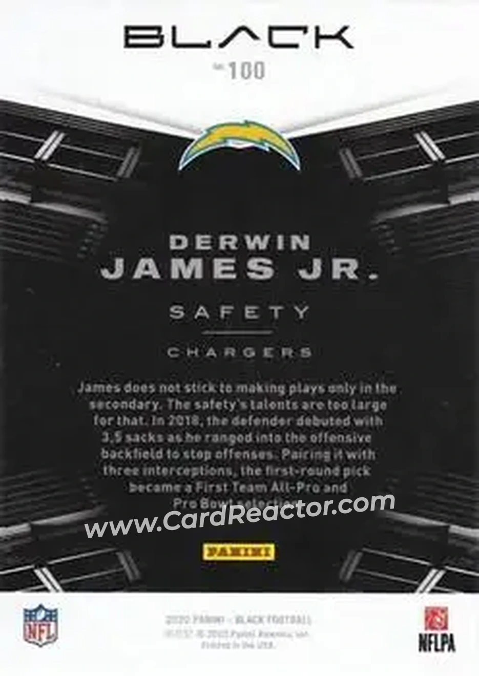 2020 Panini Black - Silver #100 - Derwin James Jr. - Los Angeles Chargers - Back 2020 Panini Black - Silver #100 - Derwin James Jr. - Los Angeles Chargers - Back