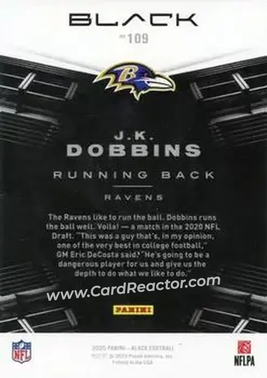 2020 Panini Black - Silver #109 - J.K. Dobbins - Baltimore Ravens - Back 2020 Panini Black - Silver #109 - J.K. Dobbins - Baltimore Ravens - Back