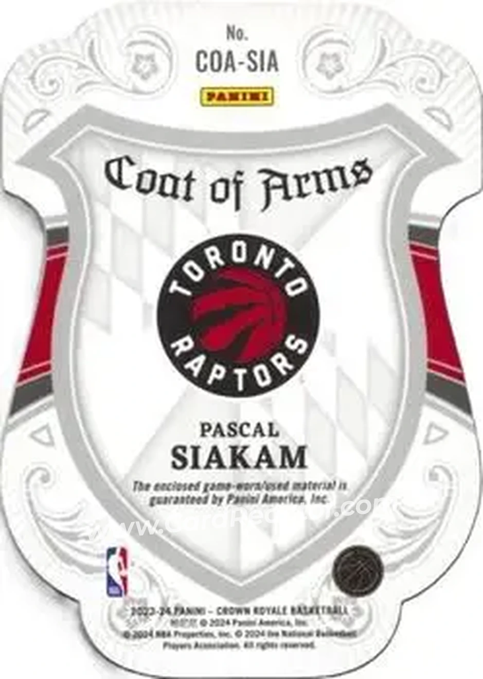 2023-24 Panini Crown Royale - Coat of Arms Prime #COA-SIA - Pascal Siakam - Toronto Raptors - Back