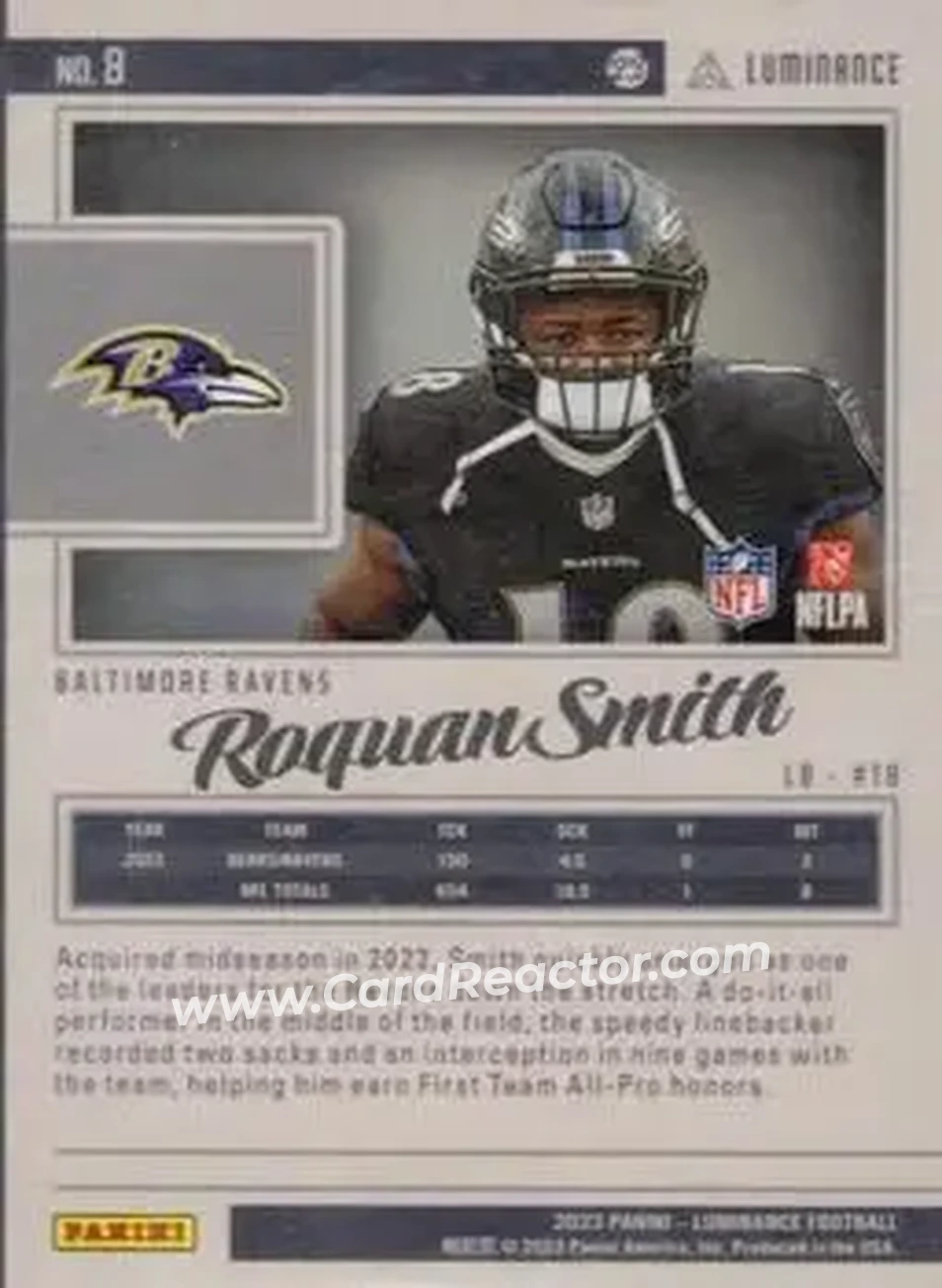 2023 Panini Luminance - Gold #8 - Roquan Smith - Baltimore Ravens - Back