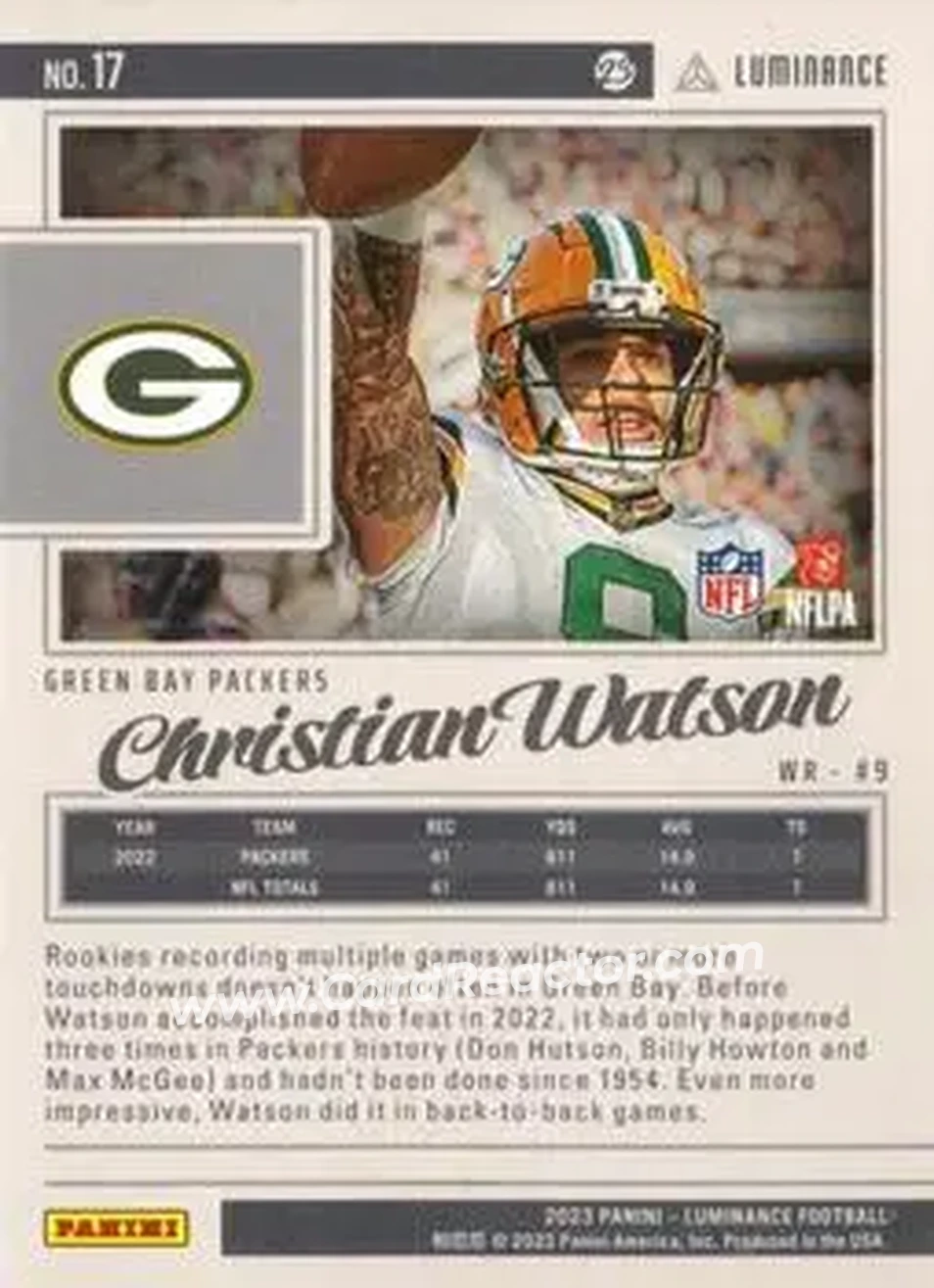 2023 Panini Luminance - Gold #17 - Christian Watson - Green Bay Packers - Back 2023 Panini Luminance - Gold #17 - Christian Watson - Green Bay Packers - Back