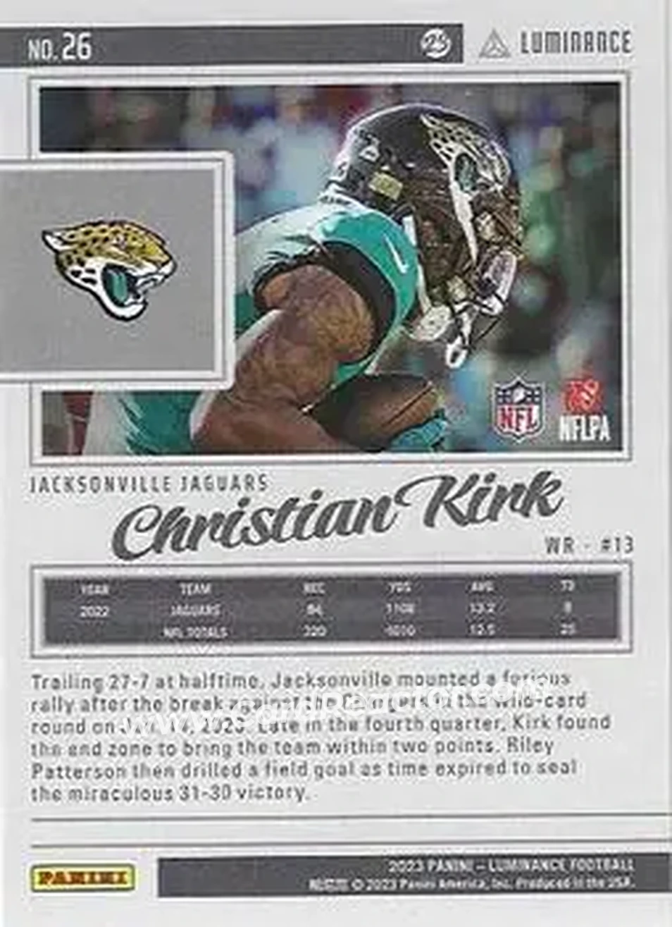 2023 Panini Luminance - Gold #26 - Christian Kirk - Jacksonville Jaguars - Back