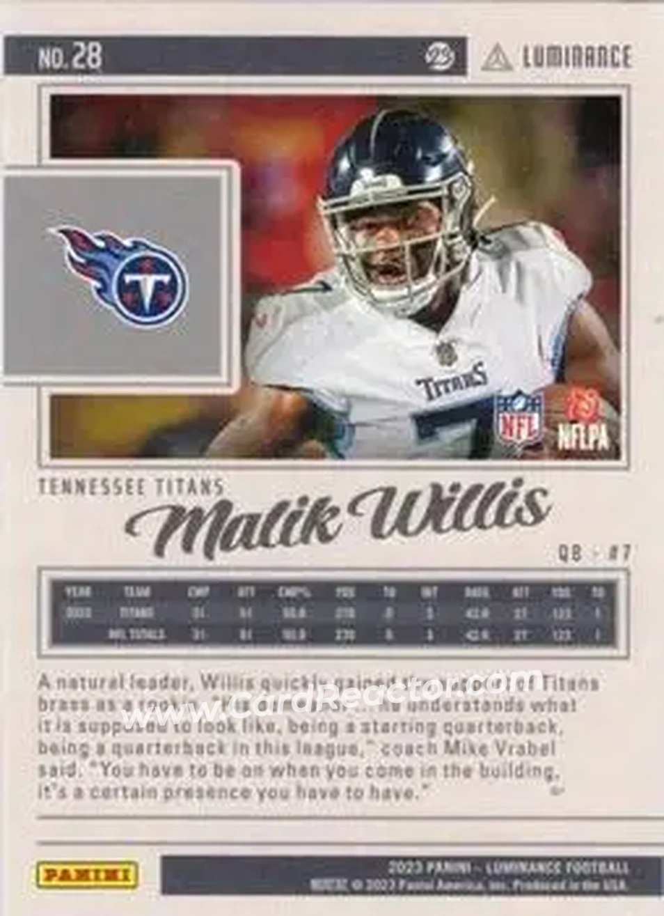 2023 Panini Luminance - Gold #28 - Malik Willis - Tennessee Titans - Back
