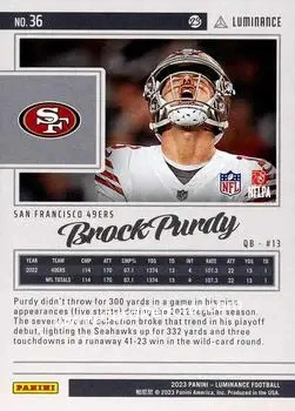 2023 Panini Luminance - Gold #36 - Brock Purdy - San Francisco 49ers - Back