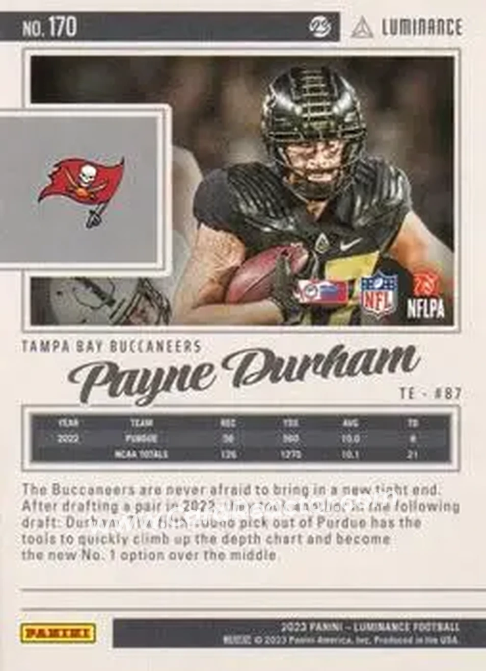 2023 Panini Luminance - Teal #170 - Payne Durham - Tampa Bay Buccaneers - Back 2023 Panini Luminance - Teal #170 - Payne Durham - Tampa Bay Buccaneers - Back
