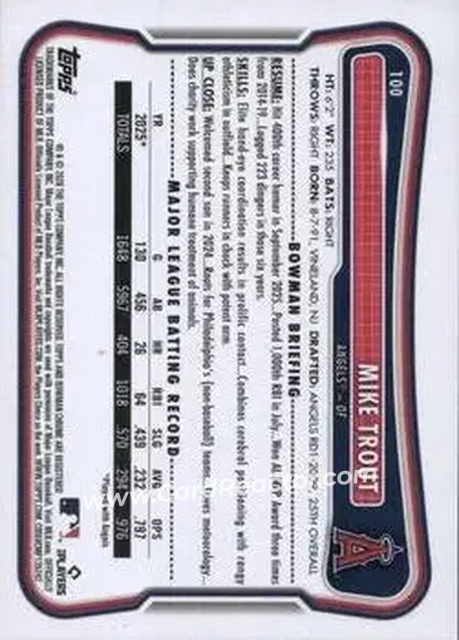 2026 Bowman - Yellow Pattern #100 - Mike Trout - Los Angeles Angels - Back