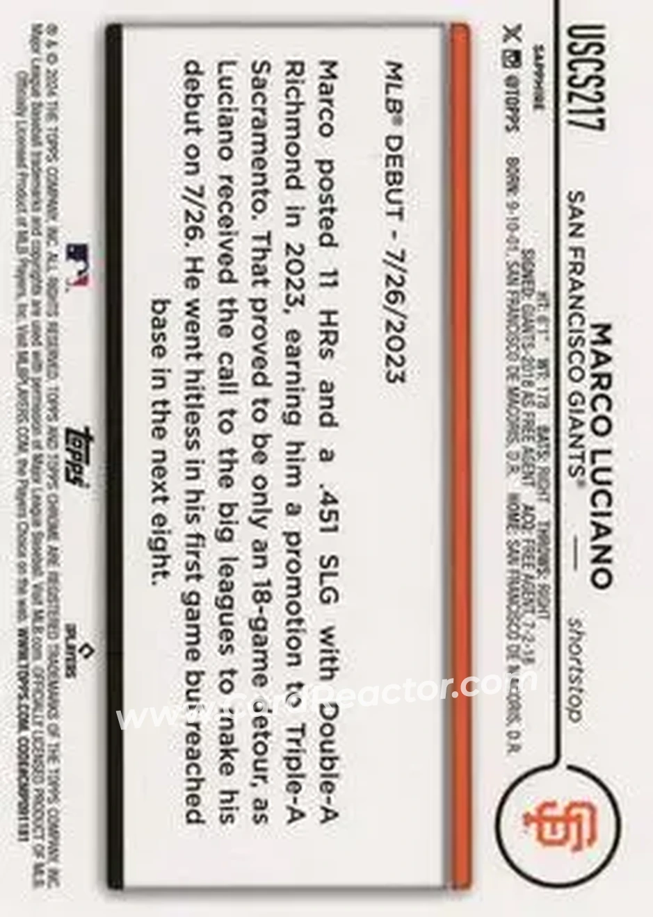 2024 Topps Chrome Update Sapphire Edition - Orange Sapphire #USCS217 - Marco Luciano - San Francisco Giants - Back