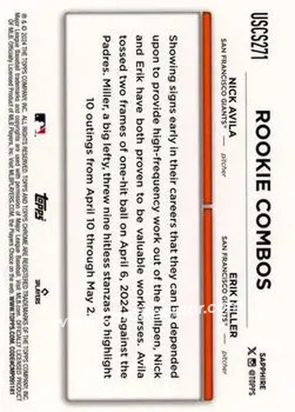 2024 Topps Chrome Update Sapphire Edition - Orange Sapphire #USCS271 - Erik Miller - Nick Avila SN25 - San Francisco Giants - San Francisco Giants - Back
