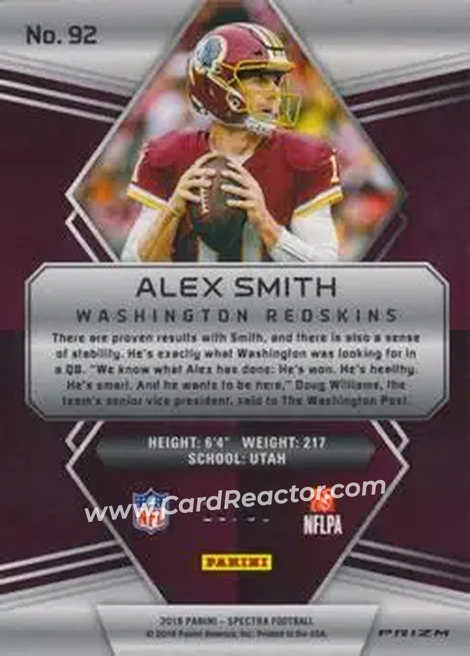 2018 Panini Spectra - Neon Green #92 - Alex Smith - Washington Redskins - Back