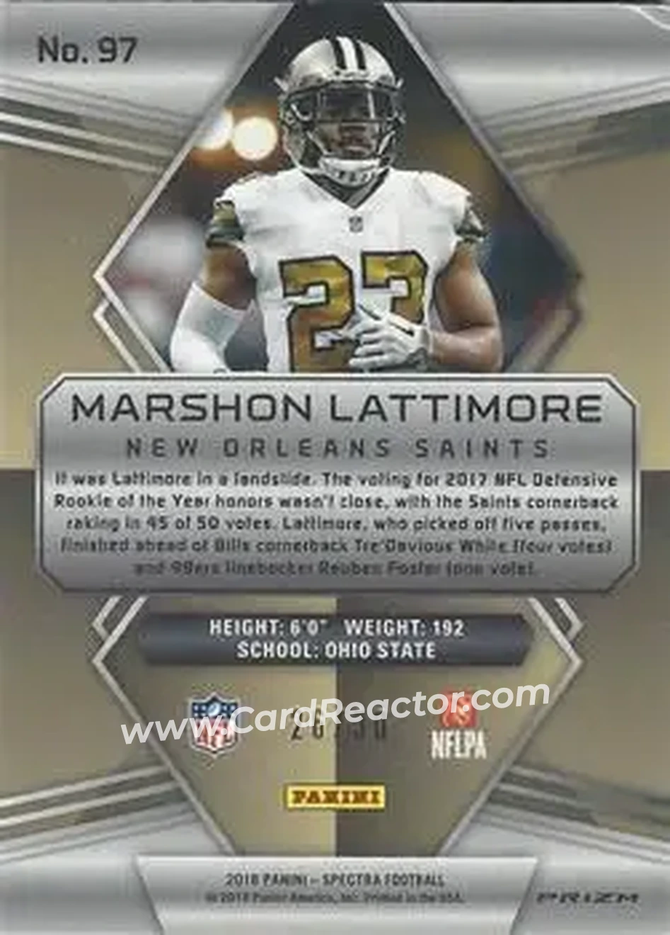 2018 Panini Spectra - Neon Green #97 - Marshon Lattimore - New Orleans Saints - Back 2018 Panini Spectra - Neon Green #97 - Marshon Lattimore - New Orleans Saints - Back
