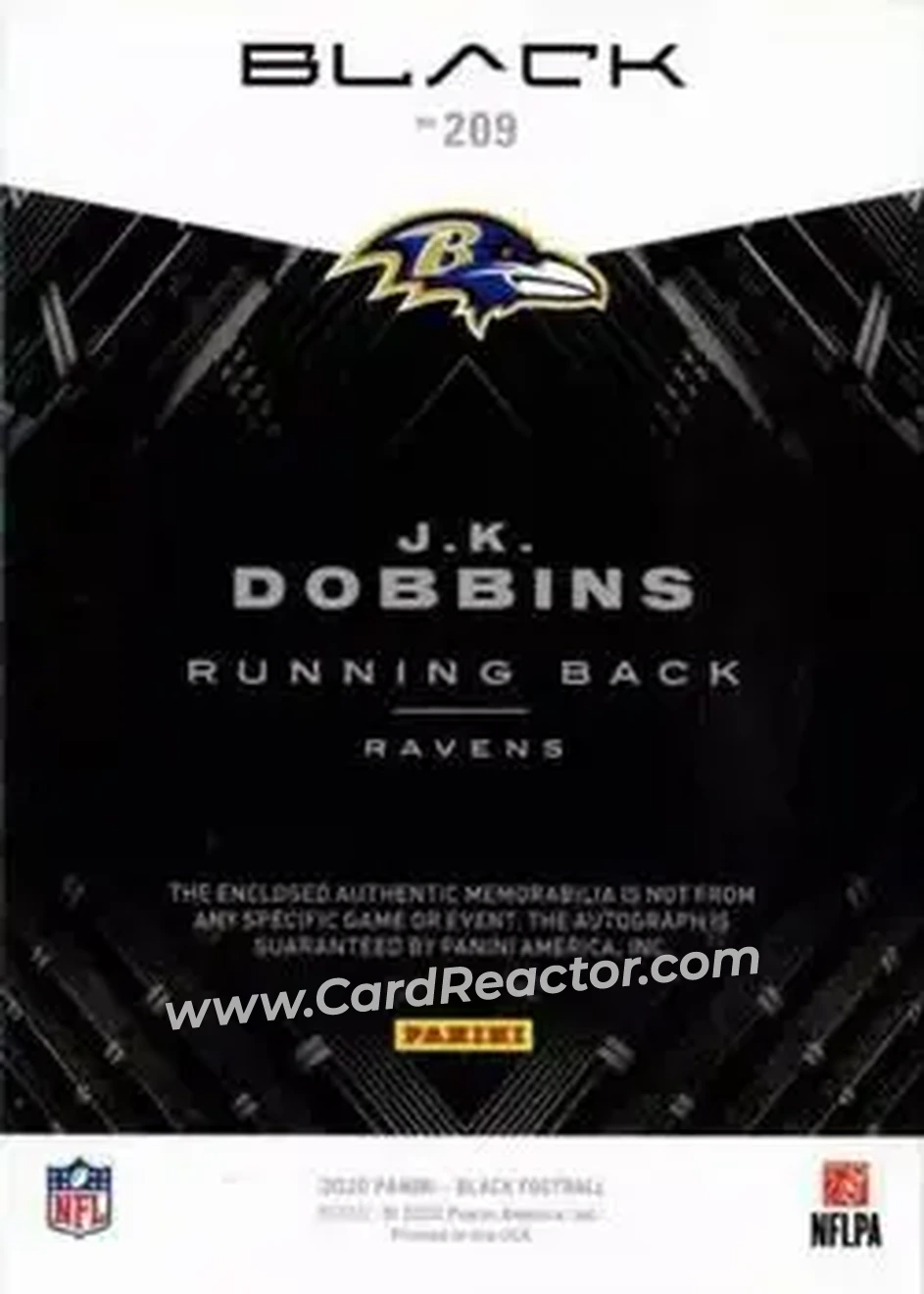 2020 Panini Black - Silver #209 - J.K. Dobbins - Baltimore Ravens - Back