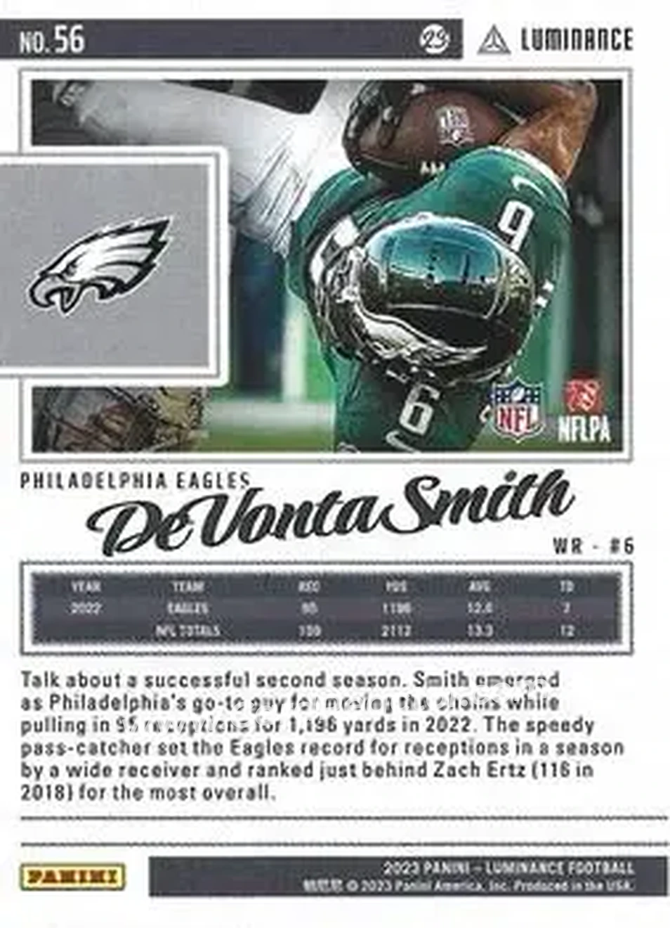 2023 Panini Luminance - Gold #56 - DeVonta Smith - Philadelphia Eagles - Back 2023 Panini Luminance - Gold #56 - DeVonta Smith - Philadelphia Eagles - Back