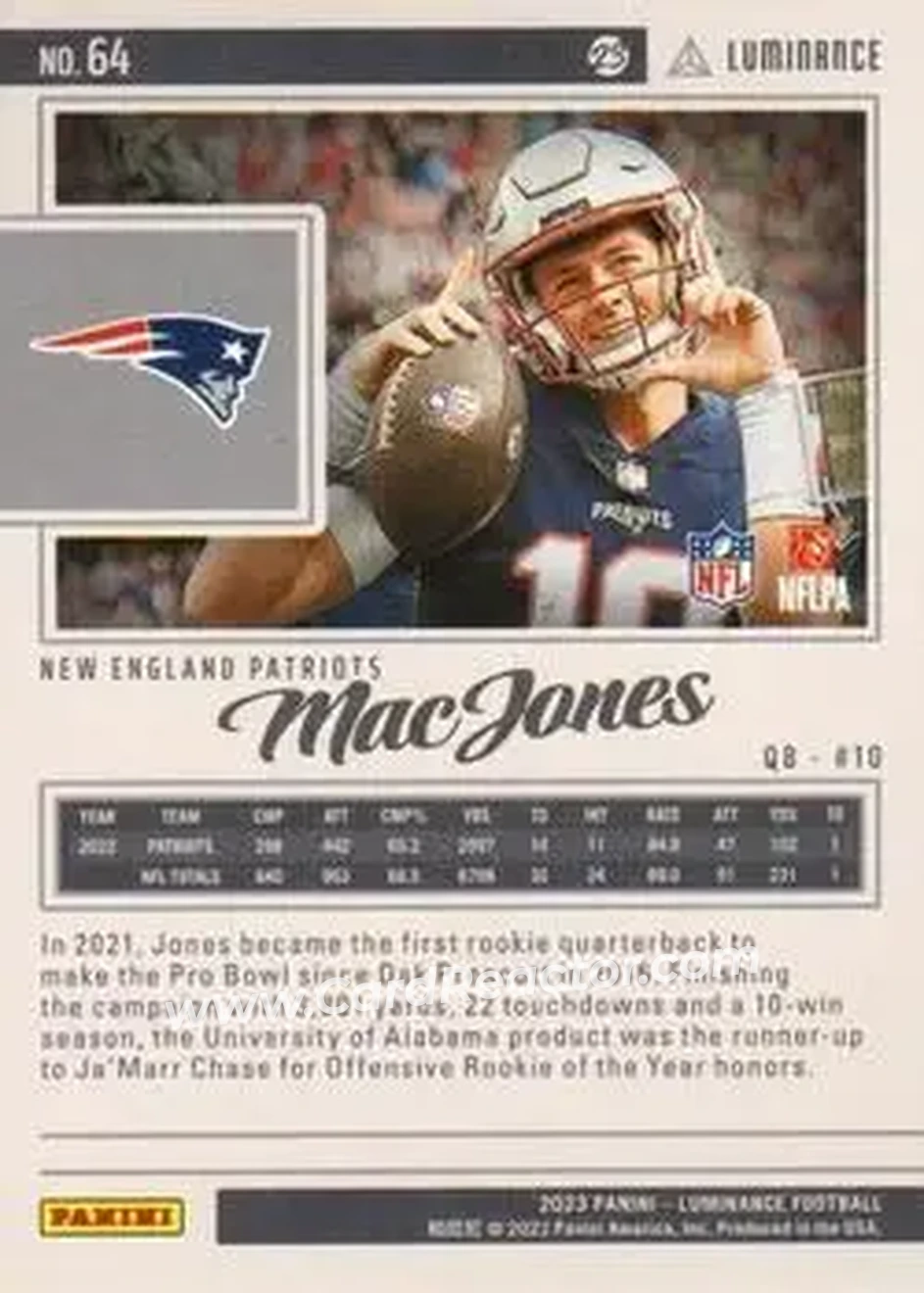 2023 Panini Luminance - Gold #64 - Mac Jones - New England Patriots - Back 2023 Panini Luminance - Gold #64 - Mac Jones - New England Patriots - Back