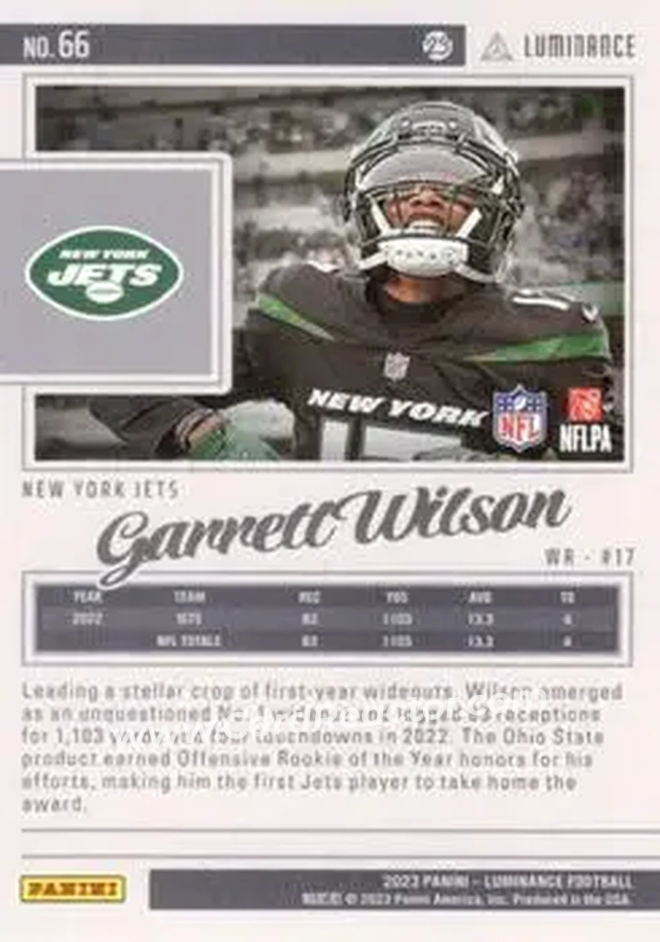 2023 Panini Luminance - Gold #66 - Garrett Wilson - New York Jets - Back 2023 Panini Luminance - Gold #66 - Garrett Wilson - New York Jets - Back