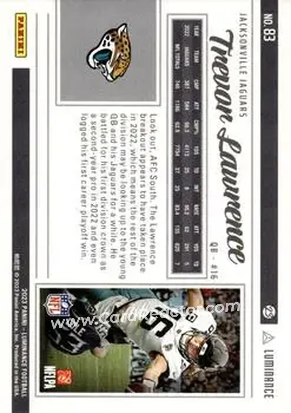2023 Panini Luminance - Gold #83 - Trevor Lawrence - Jacksonville Jaguars - Back 2023 Panini Luminance - Gold #83 - Trevor Lawrence - Jacksonville Jaguars - Back