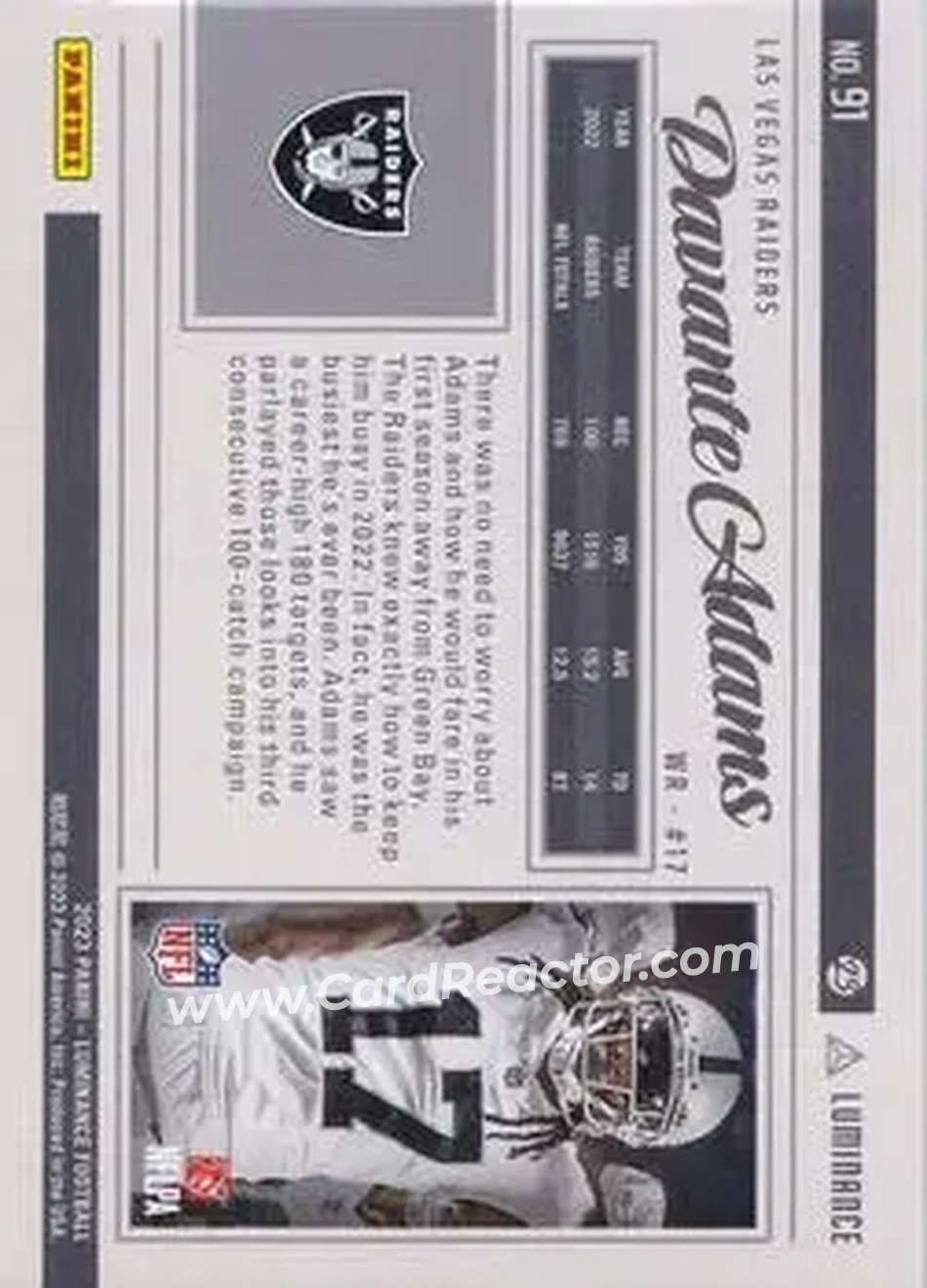 2023 Panini Luminance - Gold #91 - Davante Adams - Las Vegas Raiders - Back