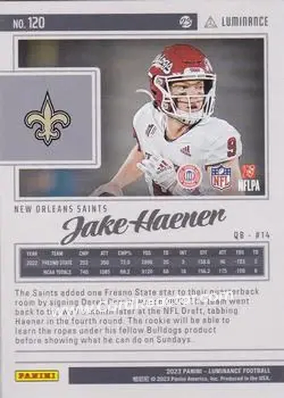 2023 Panini Luminance - Gold #120 - Jake Haener - New Orleans Saints - Back