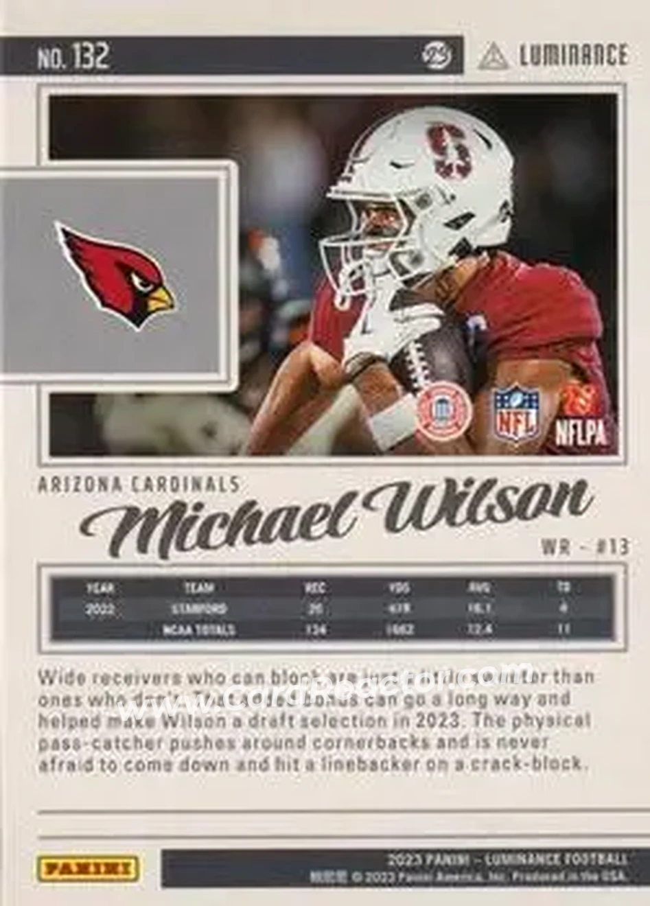 2023 Panini Luminance - Gold #132 - Michael Wilson - Arizona Cardinals - Back 2023 Panini Luminance - Gold #132 - Michael Wilson - Arizona Cardinals - Back