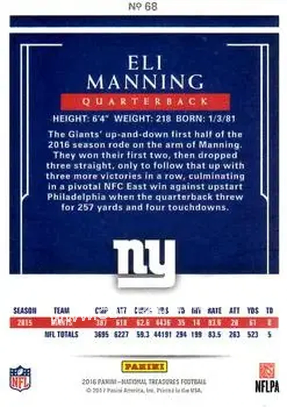 2016 Panini National Treasures - Emerald #68 - Eli Manning - New York Giants - Back