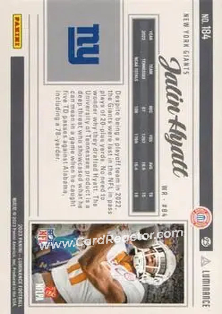 2023 Panini Luminance - Gold #184 - Jalin Hyatt - New York Giants - Back 2023 Panini Luminance - Gold #184 - Jalin Hyatt - New York Giants - Back
